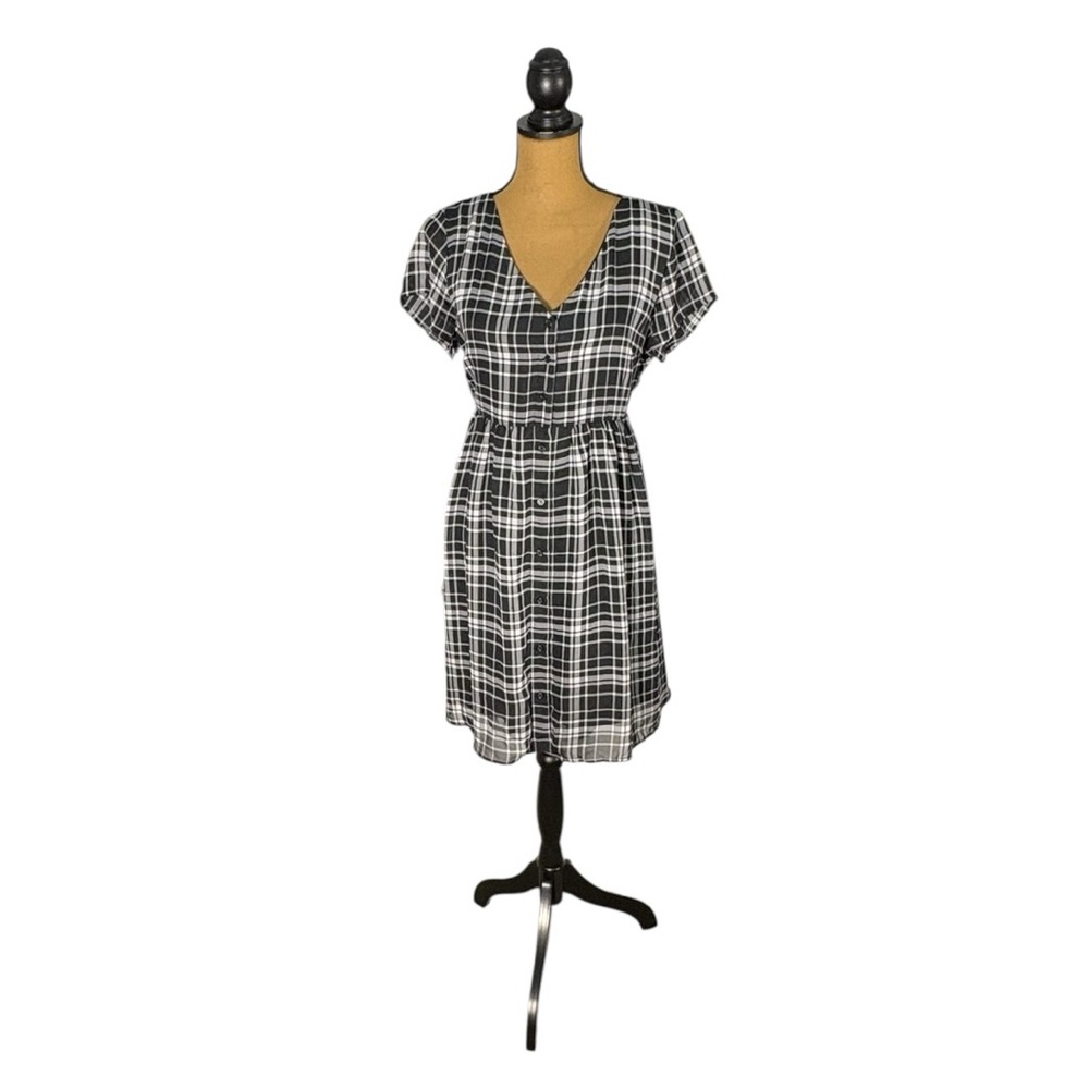 Old Navy Plaid Babydoll Dress Womens Large Black White Grunge Dark Academia - Picture 3 of 8